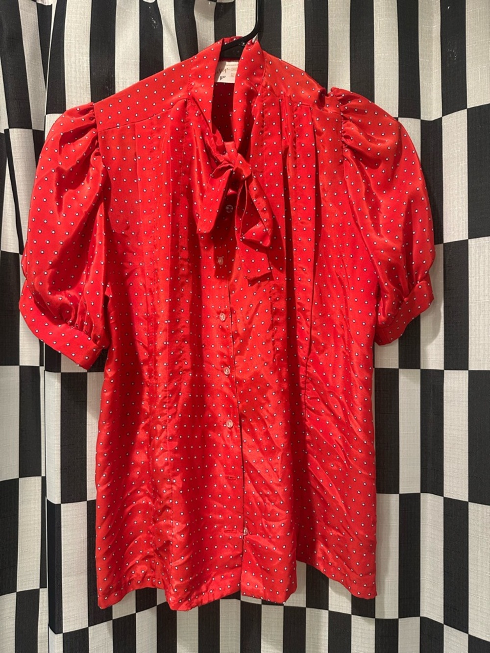 Vintage LeVoy’s Red Polka Dot Puff-Sleeve Tie-Neck Blouse